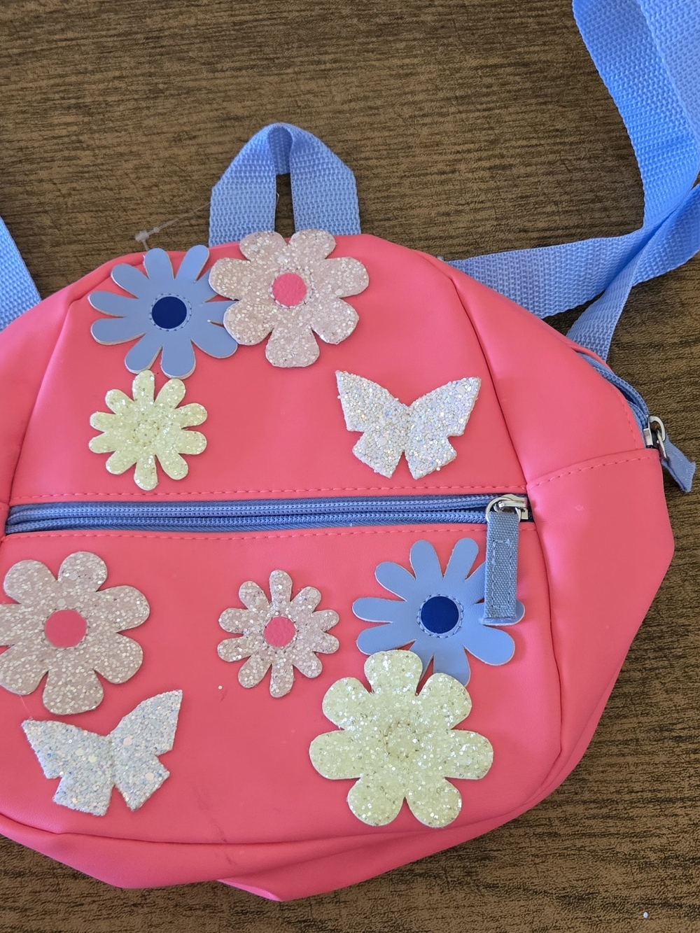 Kids Pink Floral Glitter Backpack with Blue Accents